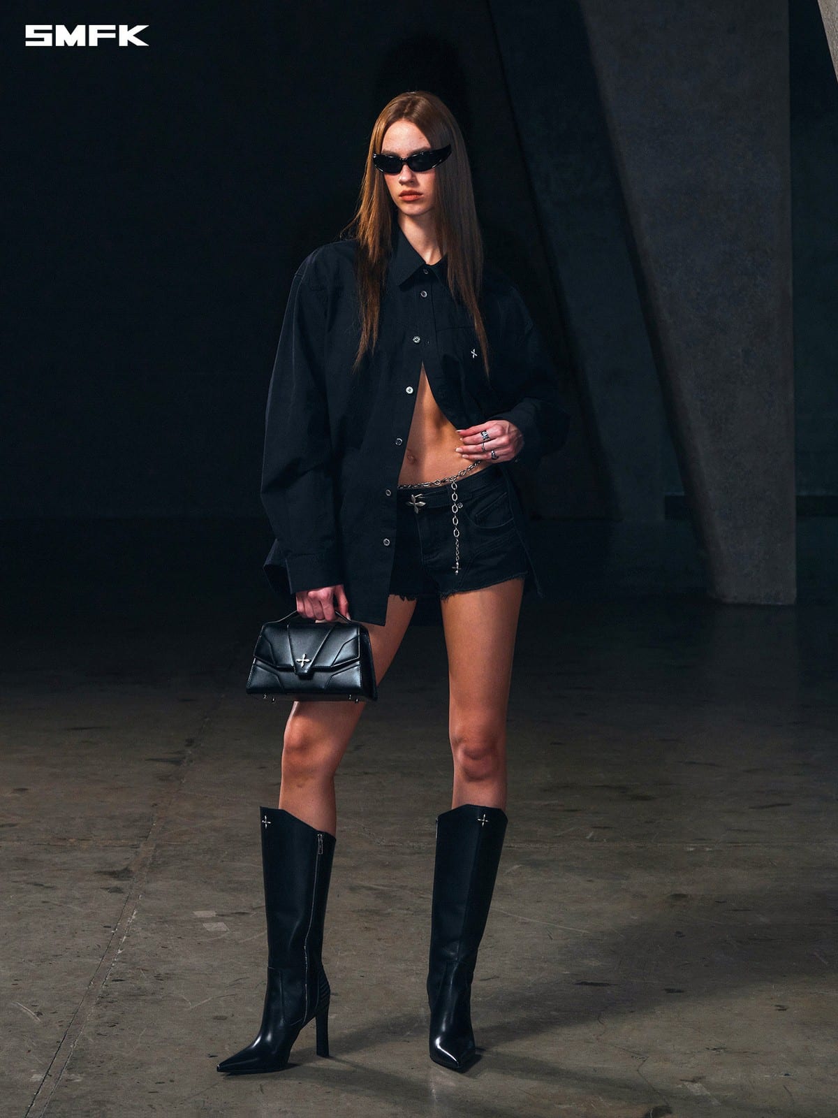 SMFK Cotton Button Up Cargo Shirt in Black - On Female Model