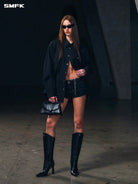 SMFK Cotton Button Up Cargo Shirt in Black - On Female Model