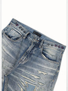 SOD Distressed Graffiti Embroidered Jeans in Blue