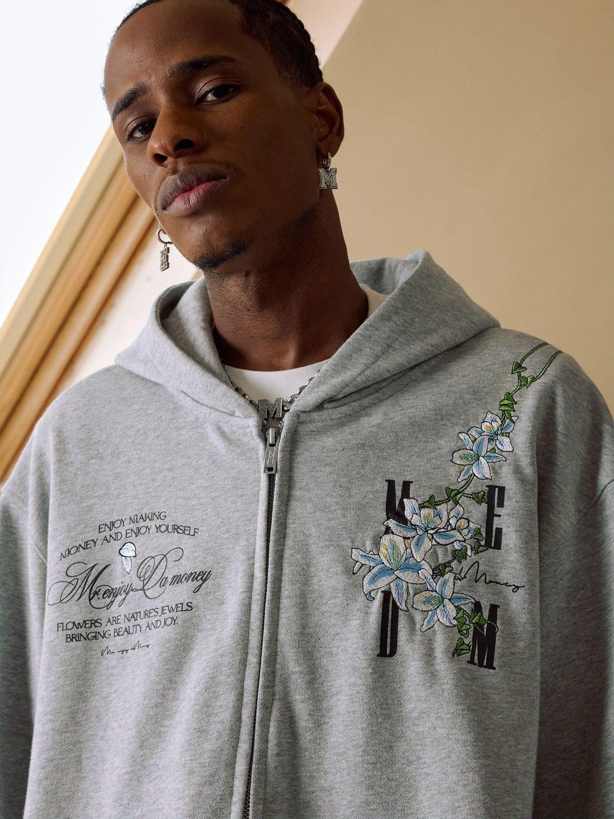 MEDM Floral Embroidered Zip Up Hoodie in Gray - On Male Model