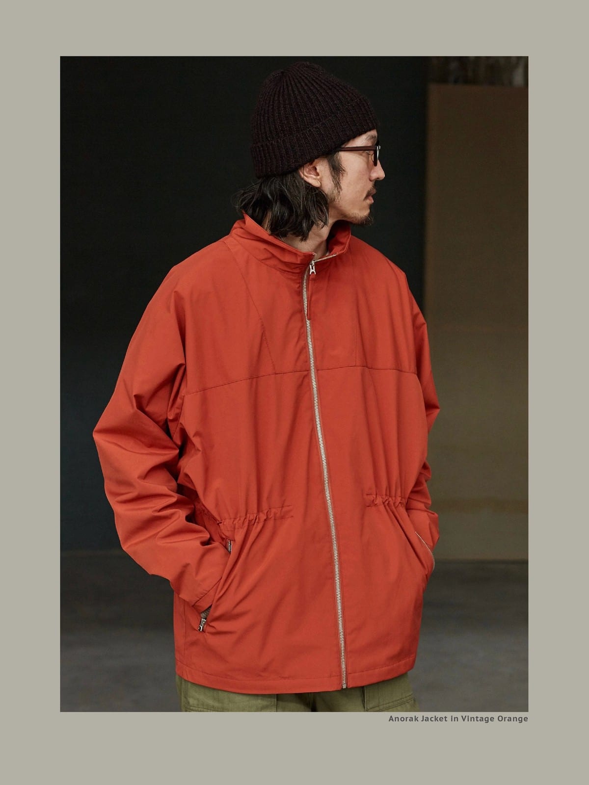 USAGE Drawstring Zip Front Tech Anorak in Orange - On Male Model