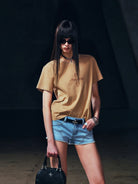 SMFK Stone Washed Graphic T Shirt in Beige - On Female Model
