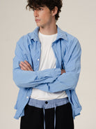 Retro 21 Pleated Bamboo Rayon Shirt in Blue - On Male Model