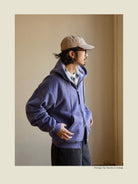 USAGE Vintage Washed Double Layer Zip Hoodie in Purple - On Male Model