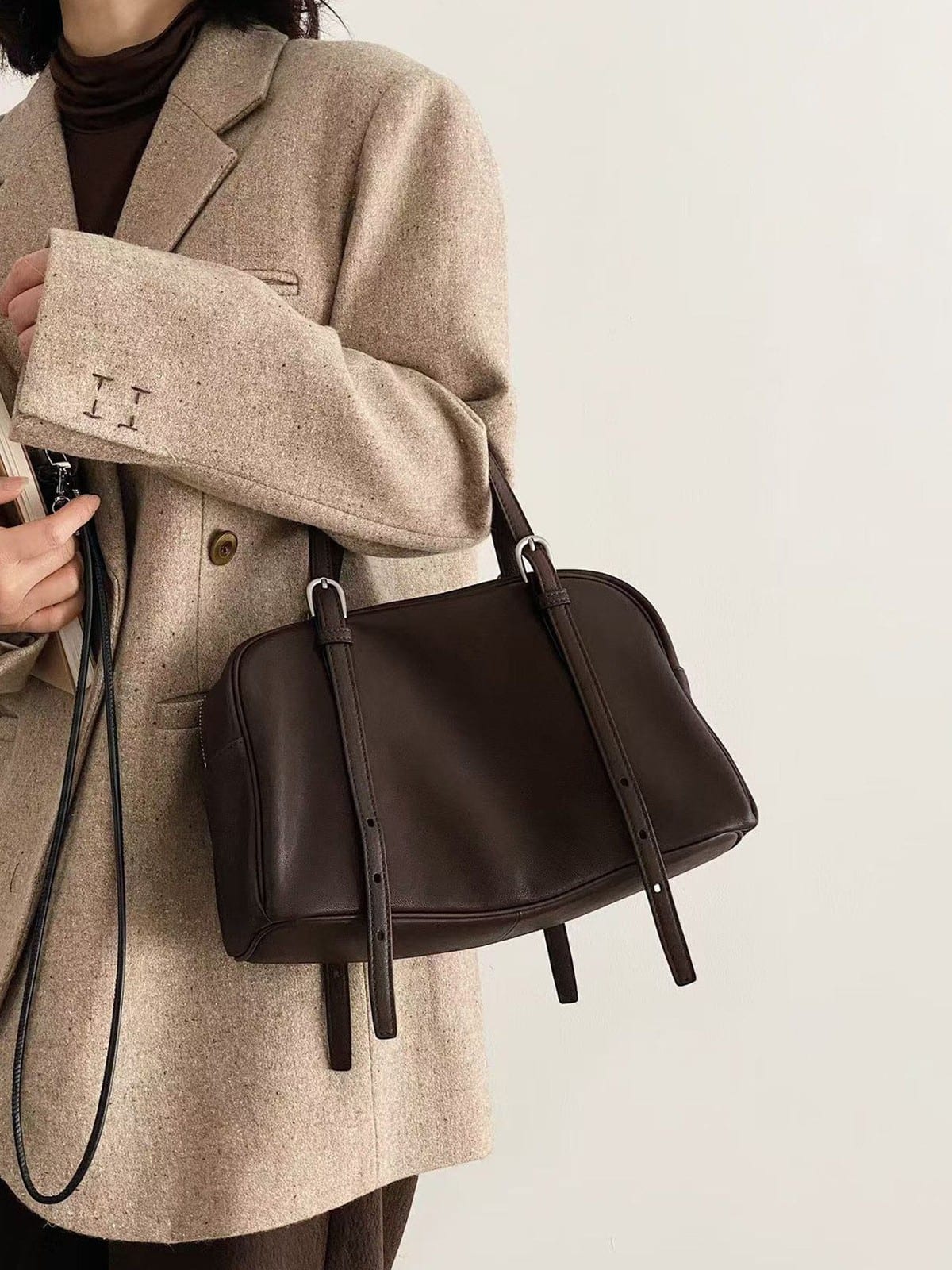 QIUZHEN Vegetable Tanned Kidskin Bowling Bag in Brown - On Female Model