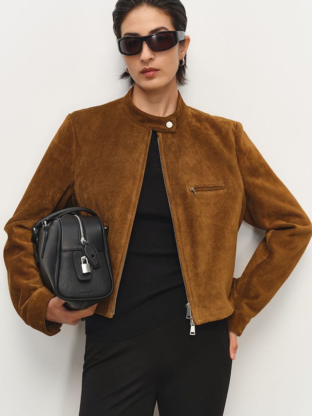 MSBEAST Suede Leather Cropped Moto Jacket in Brown - On Female Model