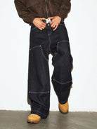 MEDM Contrast Stitch Denim Cargo Jeans in Navy Blue - On Male Model