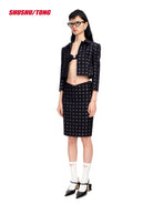 SHUSHUTONG Lambswool Check Cropped Jacket in Navy - On Female Model
