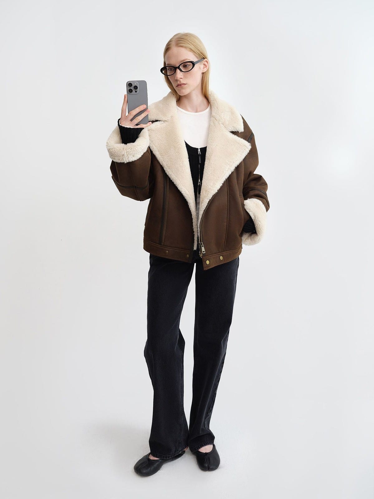 RARELY ALIKE Oversized Faux Shearling Lapel Jacket in Brown - On Female Model