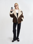 RARELY ALIKE Oversized Faux Shearling Lapel Jacket in Brown - On Female Model