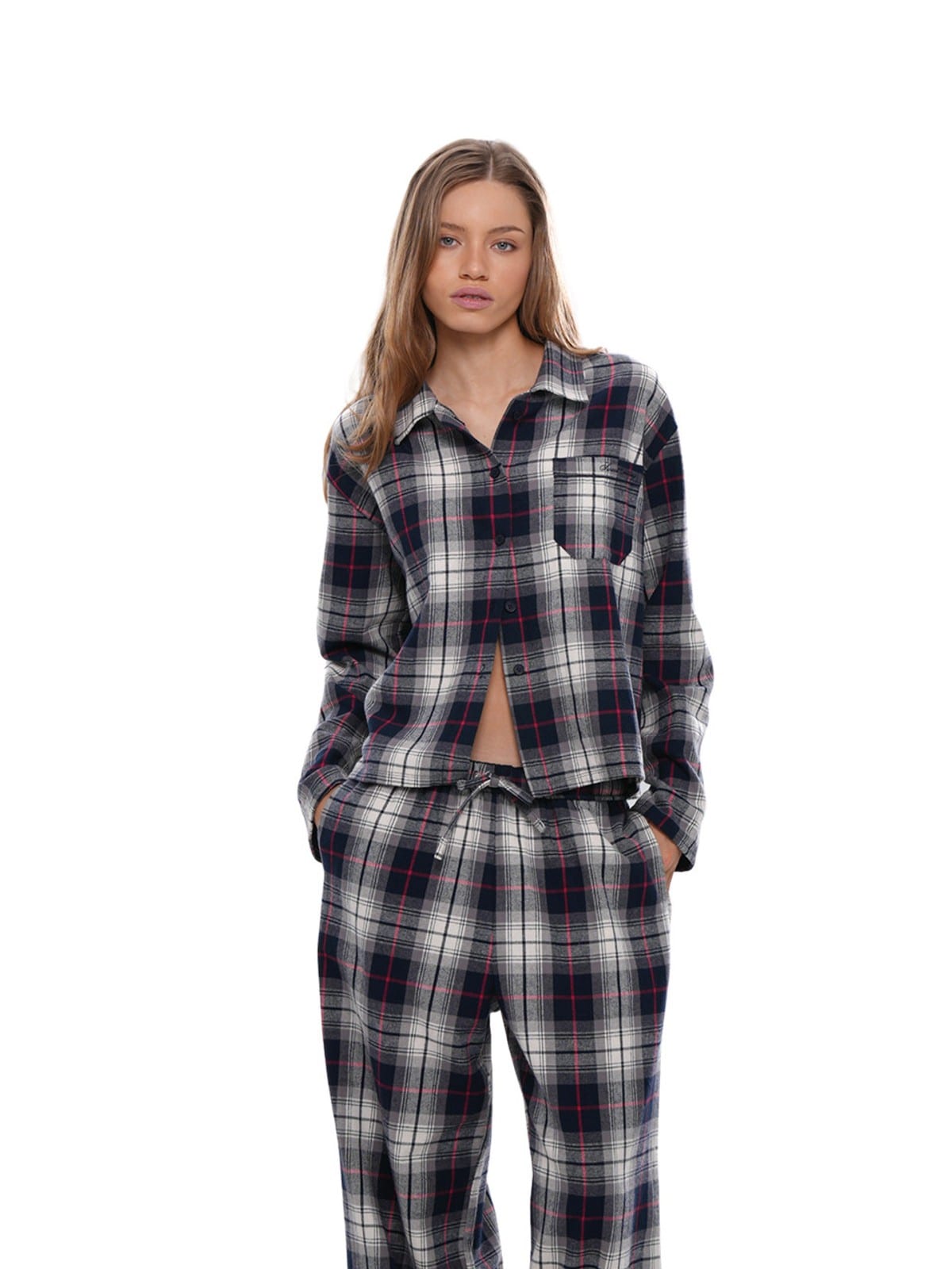 SweetChilling Plaid Button Up Loungewear Top in White - On Female Model