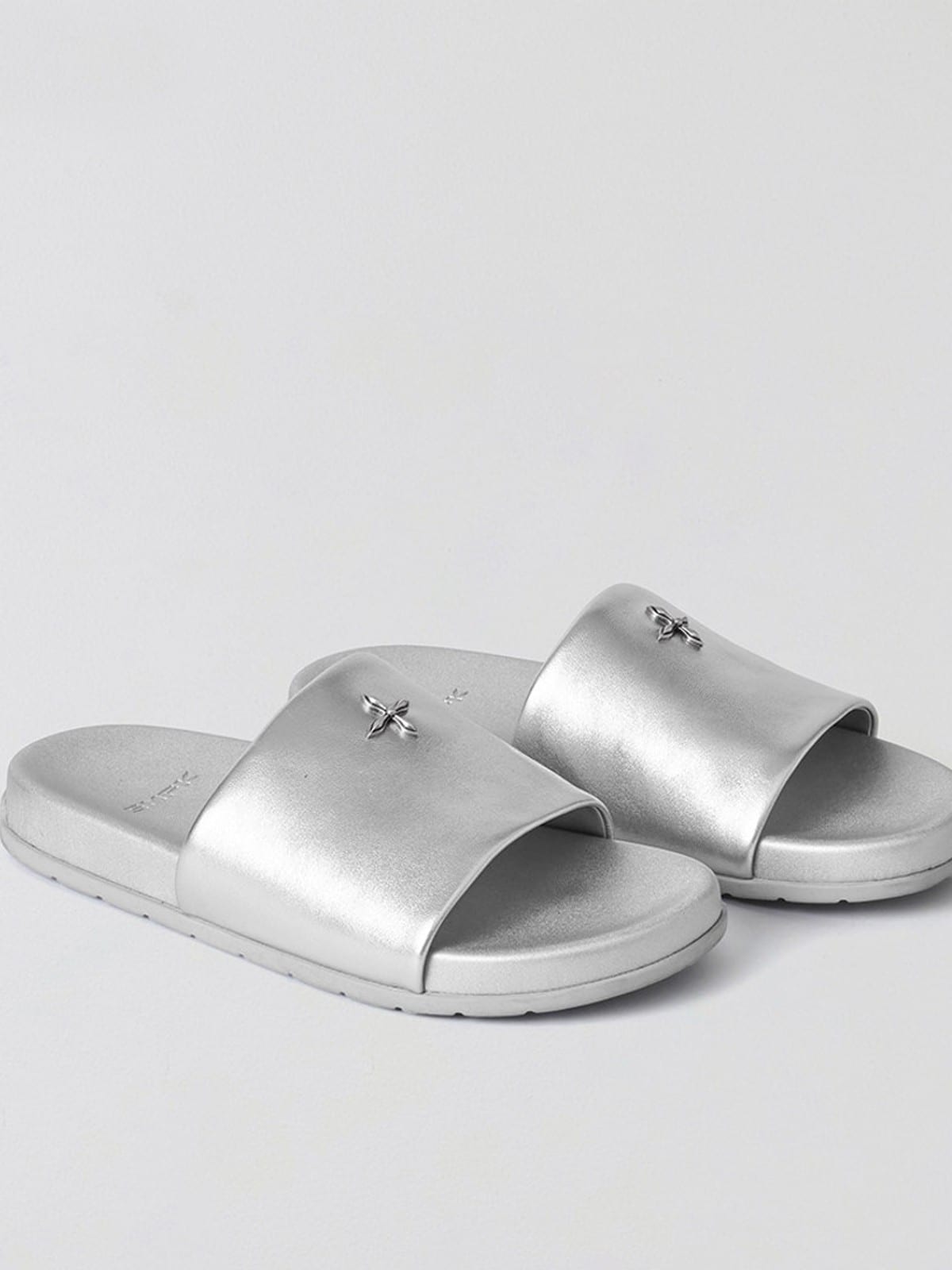 SMFK Leather Cross Detail Slide Sandals in Gray