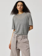 SIMPLE PROJECT Linen Blend Crewneck T Shirt in Gray - On Female Model