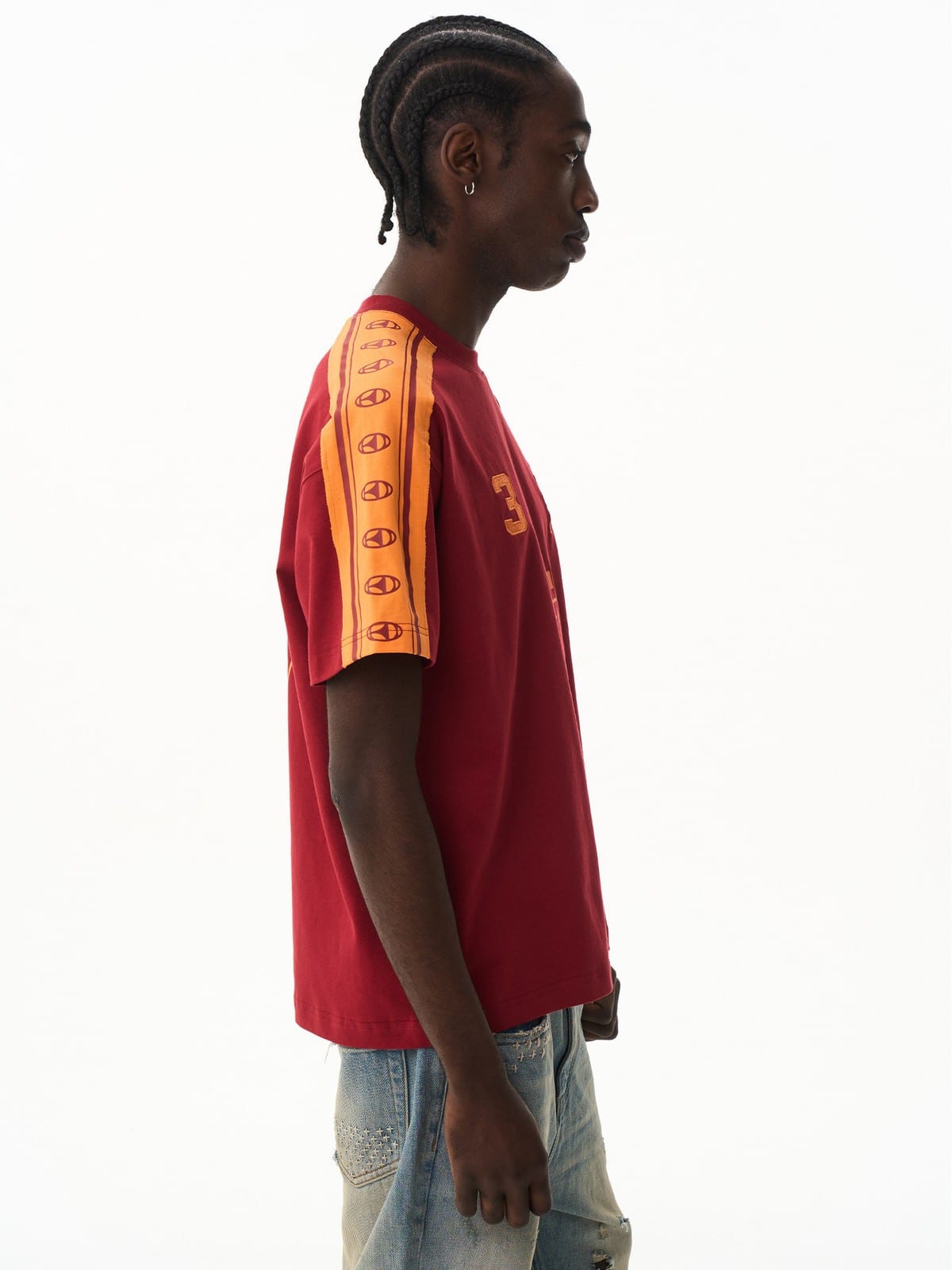 BLINDNOPLAN Retro Color Block Graphic T Shirt in Red - On Male Model