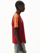 BLINDNOPLAN Retro Color Block Graphic T Shirt in Red - On Male Model