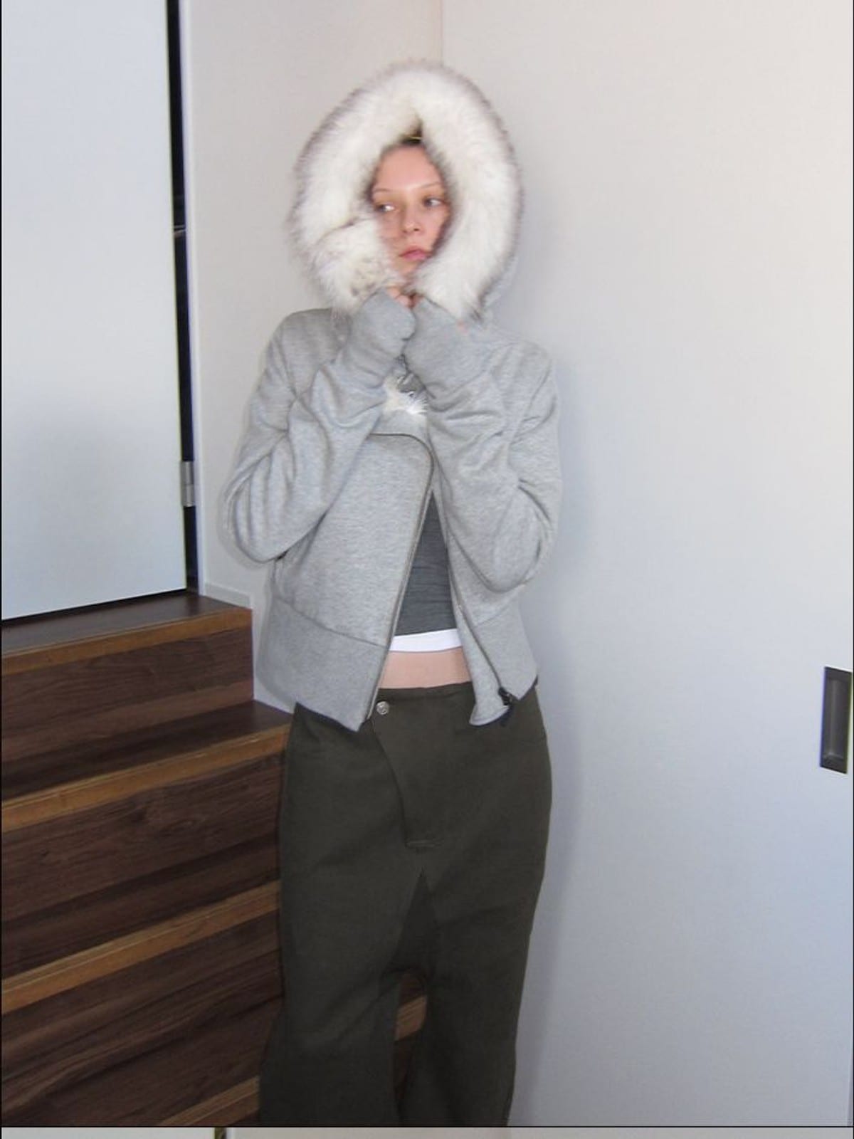 RARELY ALIKE Asymmetrical Faux Fur Trim Padded Jacket in Gray - On Female Model
