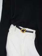 PANLULUPAN Adjustable Thin Leather Belt in Black - On Model