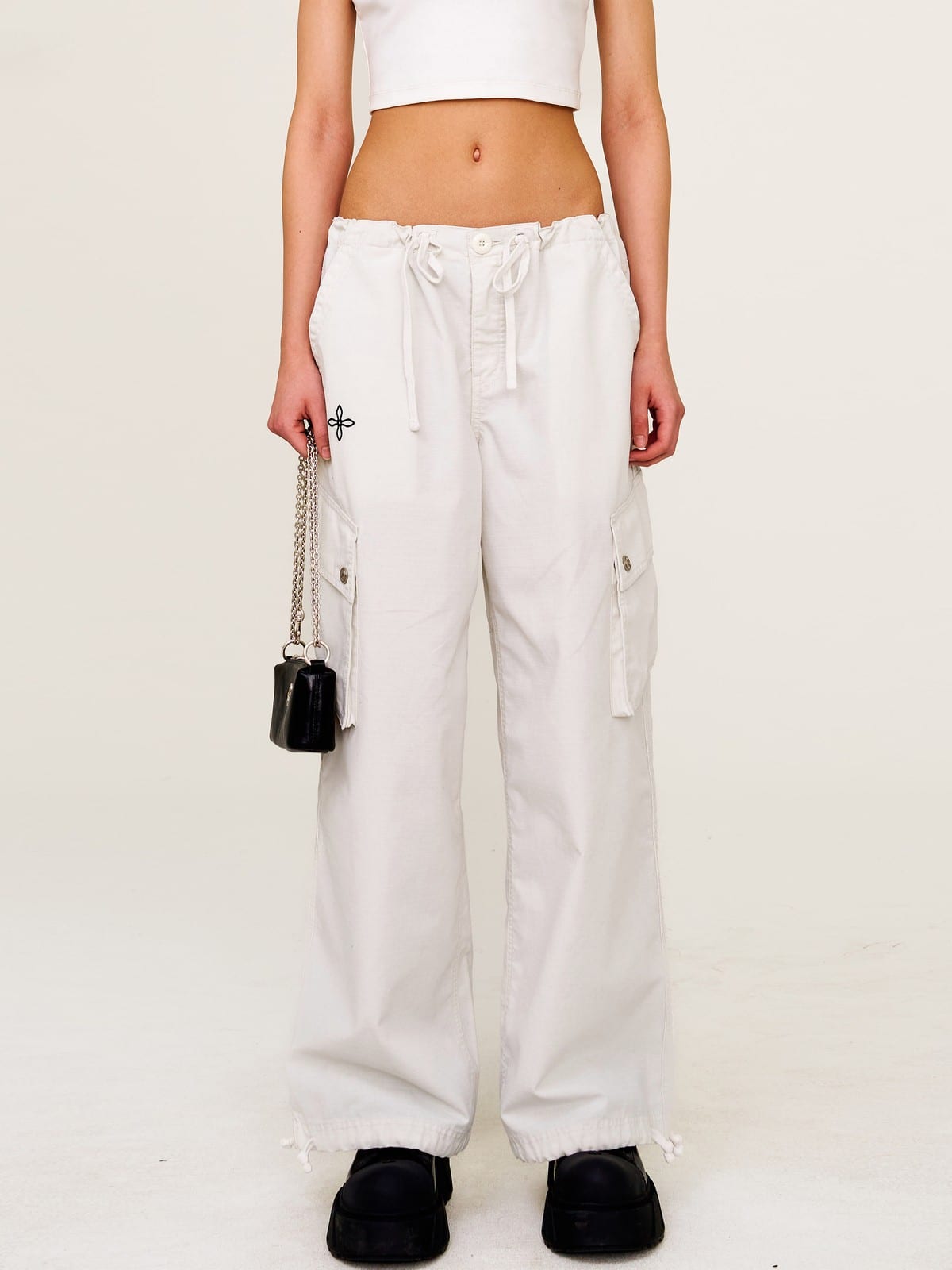 SMFK Wide Leg Parachute Cargo Pants in Gray - On Female Model