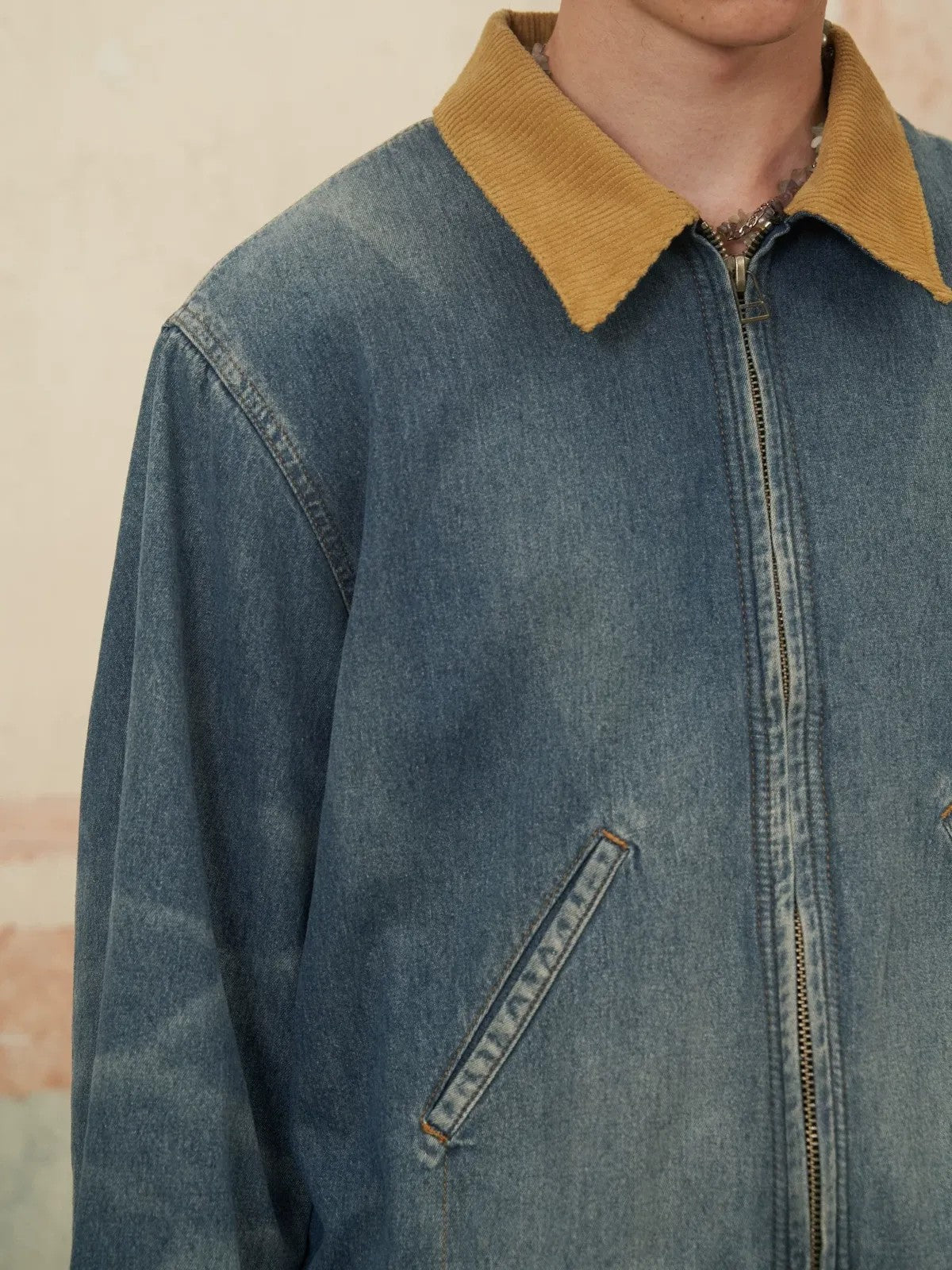 Retro 21 Corduroy Collar Zip Denim Jacket in Blue - On Male Model
