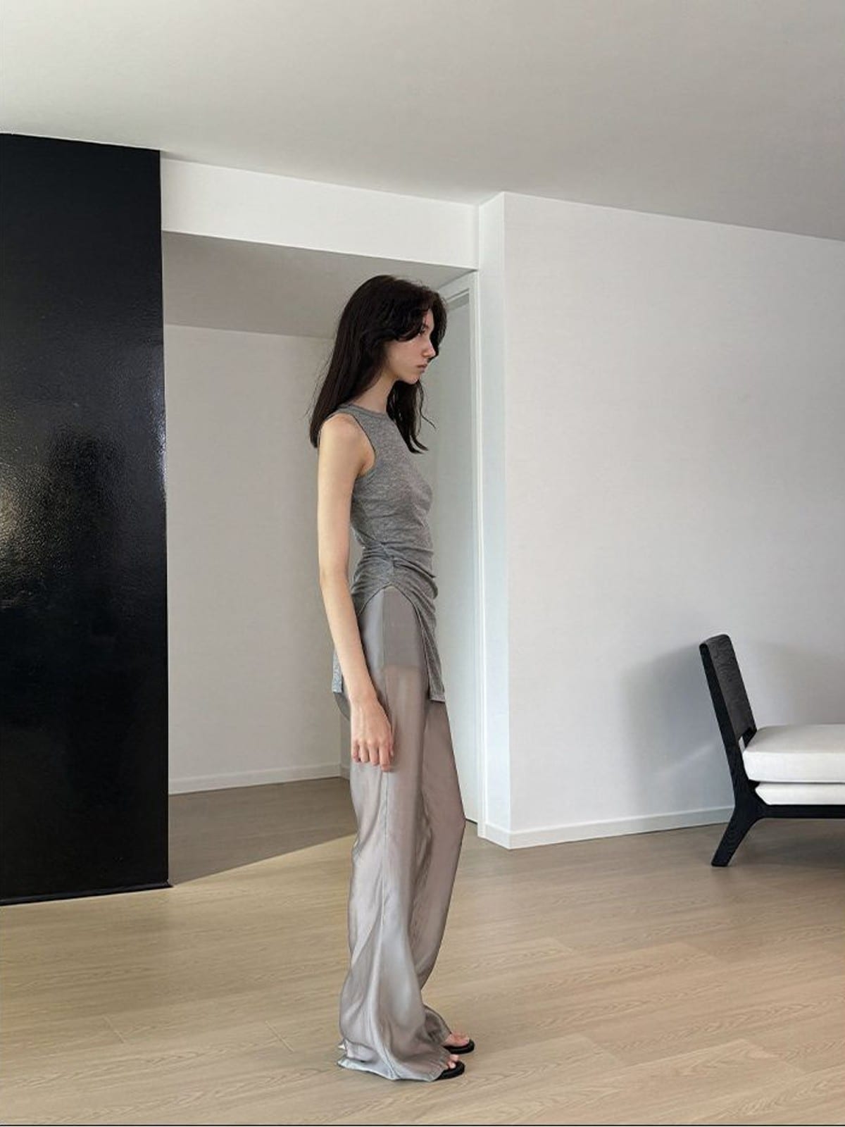 RARELY ALIKE Semi Sheer Mesh Flared Pants in Gray - On Female Model