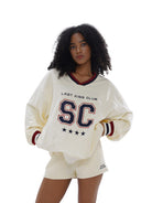 SweetChilling Embroidered V Neck Rugby Sweatshirt in Yellow - On Female Model