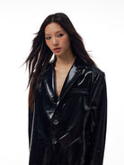 THELIGHT OFFICIAL Glossy Patent Leather Blazer in Black - On Female Model