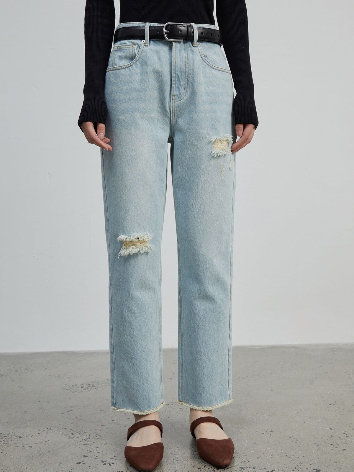 MSBEAST Distressed Turkish Denim Cropped Jeans in Sky Blue - On Female Model