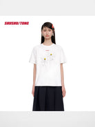 SHUSHUTONG Hand Sewn Flower Appliqu T Shirt in White - On Female Model