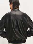 MSBEAST Sheepskin Leather Bomber Jacket in Black - On Female Model