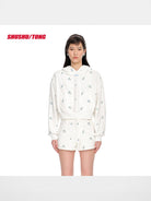 SHUSHUTONG Floral Embroidered Cotton Hoodie in White - On Female Model