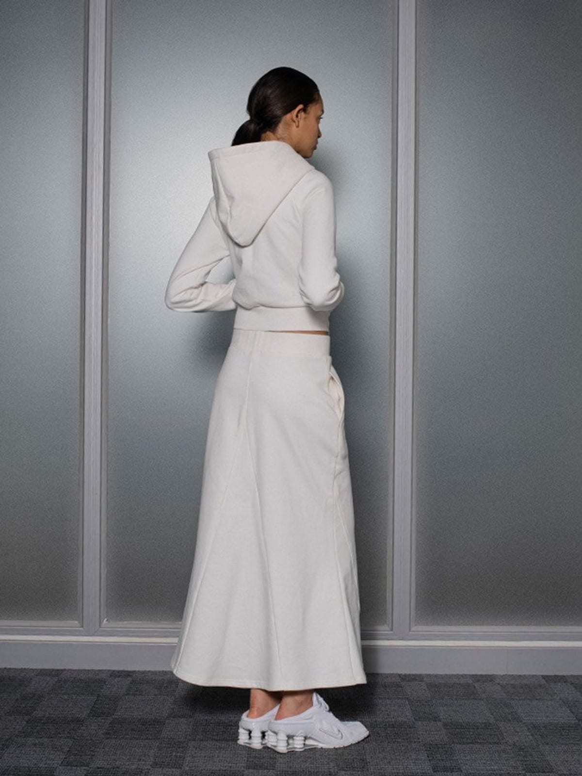 RARELY ALIKE Cotton Hoodie Fishtail Skirt Set in White - On Female Model