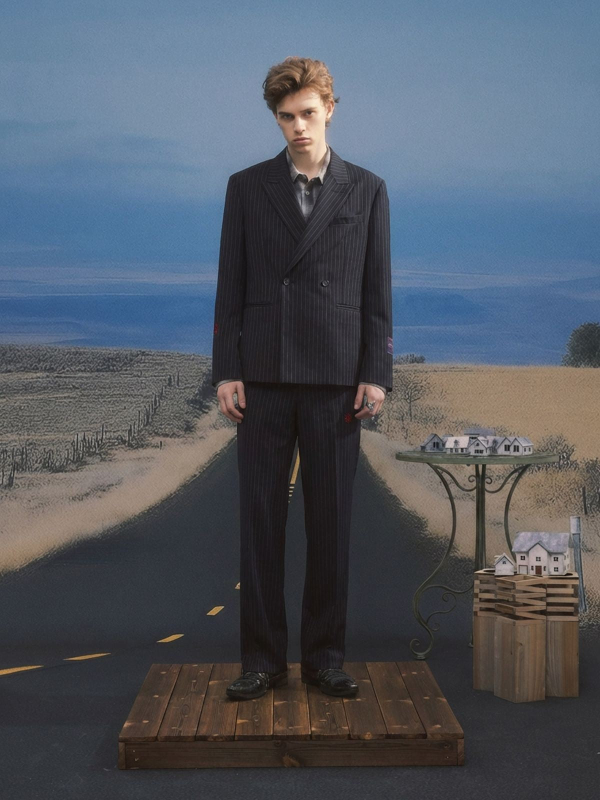 SOD Striped Double Breasted Wool Blend Blazer in Black - On Male Model
