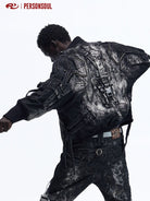 PERSONSOUL Faded Ink Splash Denim Bomber in Black - On Male Model