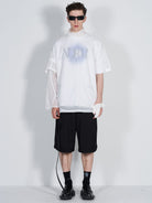 BLINDNOPLAN Asymmetric Striped Suit Shorts in Black - On Male Model