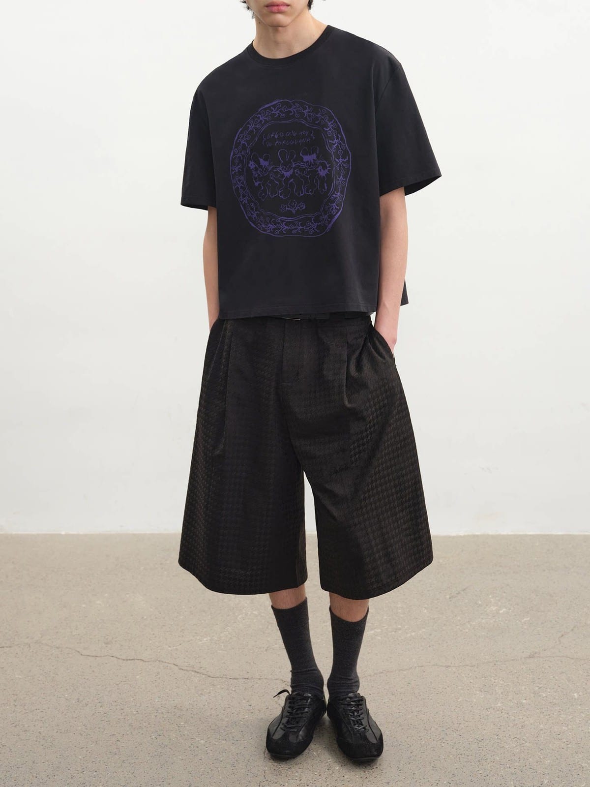 JCAESAR STUDIO Vintage Rabbit Print T Shirt in Black - On Male Model