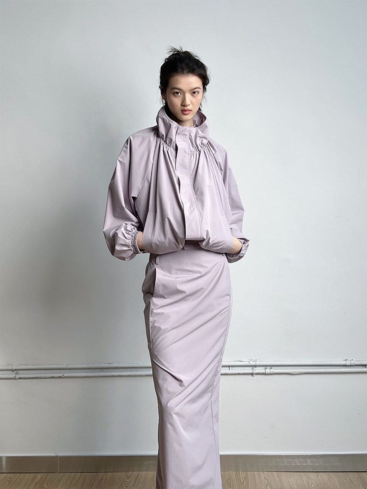 RARELY ALIKE Adjustable Collar Balloon Sports Jacket in Lavender - On Female Model