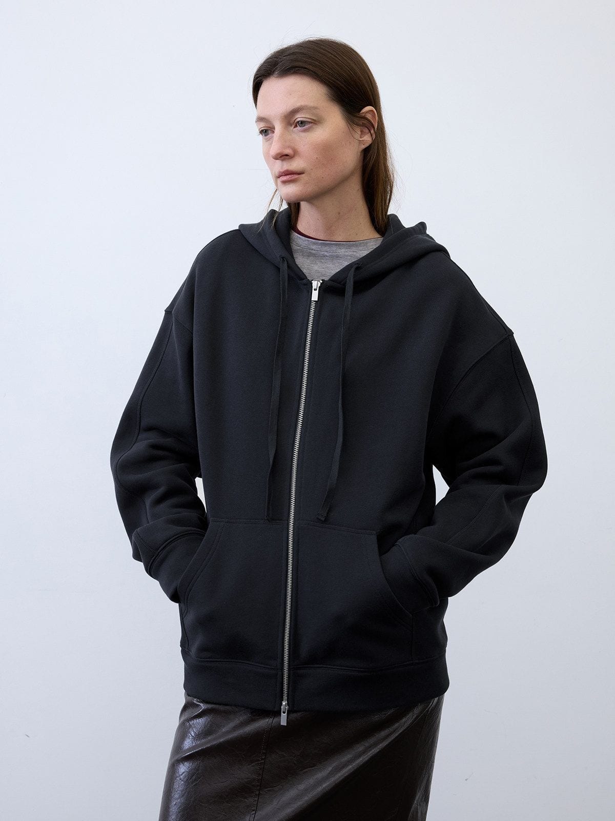 Random Piece Cotton Lyocell Zip Up Hoodie in Black - On Female Model