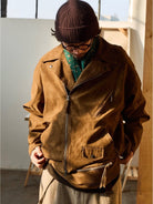 USAGE Distressed Faux Suede Moto Jacket in Brown - On Male Model