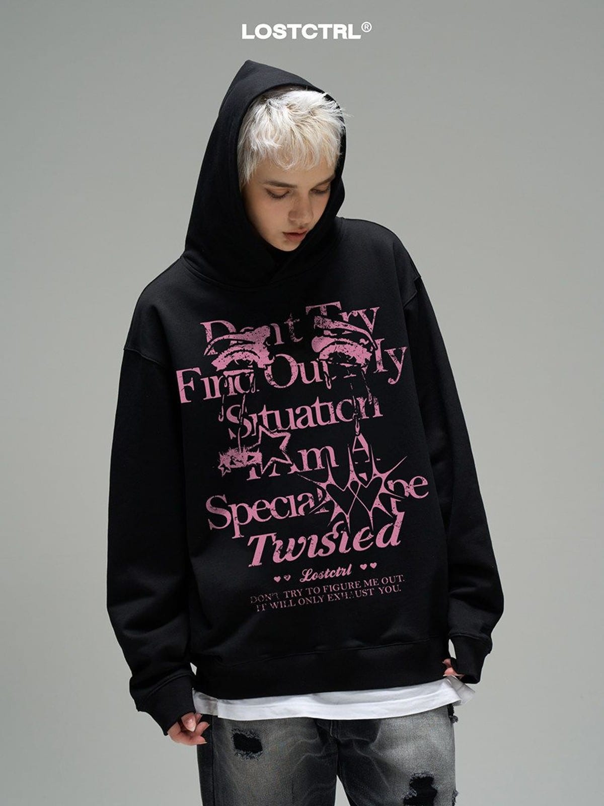 LOSTCTRL Graphic Print Fleece Hoodie in Gray - On Female Model