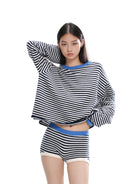 SweetChilling Striped Wool Blend Knit Shorts in White - On Female Model