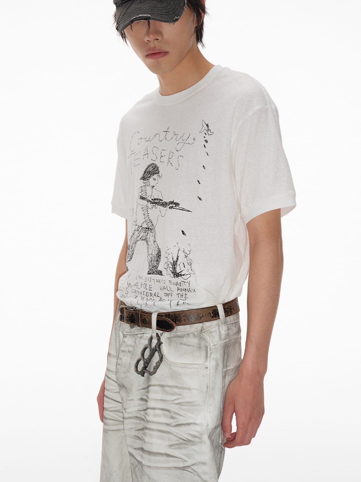 JCAESAR STUDIO Graphic Cotton Linen T Shirt in White - On Male Model