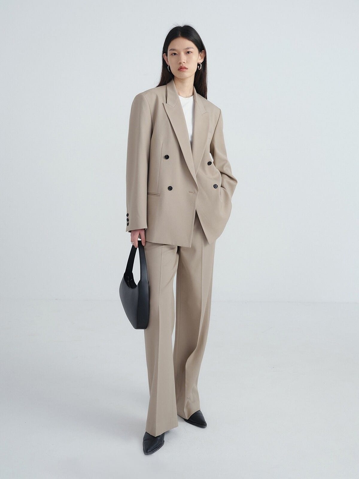 Random Piece Merino Wool Straight Leg Trousers in Beige - On Female Model