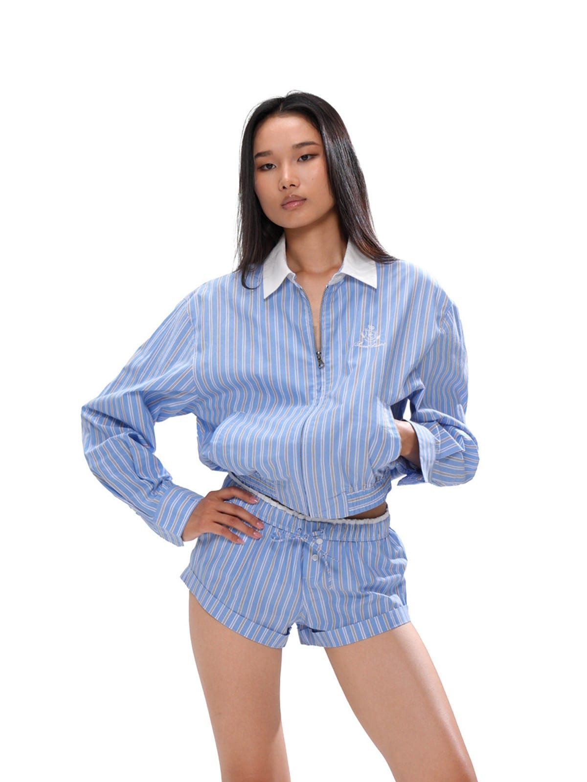 SweetChilling Contrast Collar Striped Jacket in Blue - On Female Model