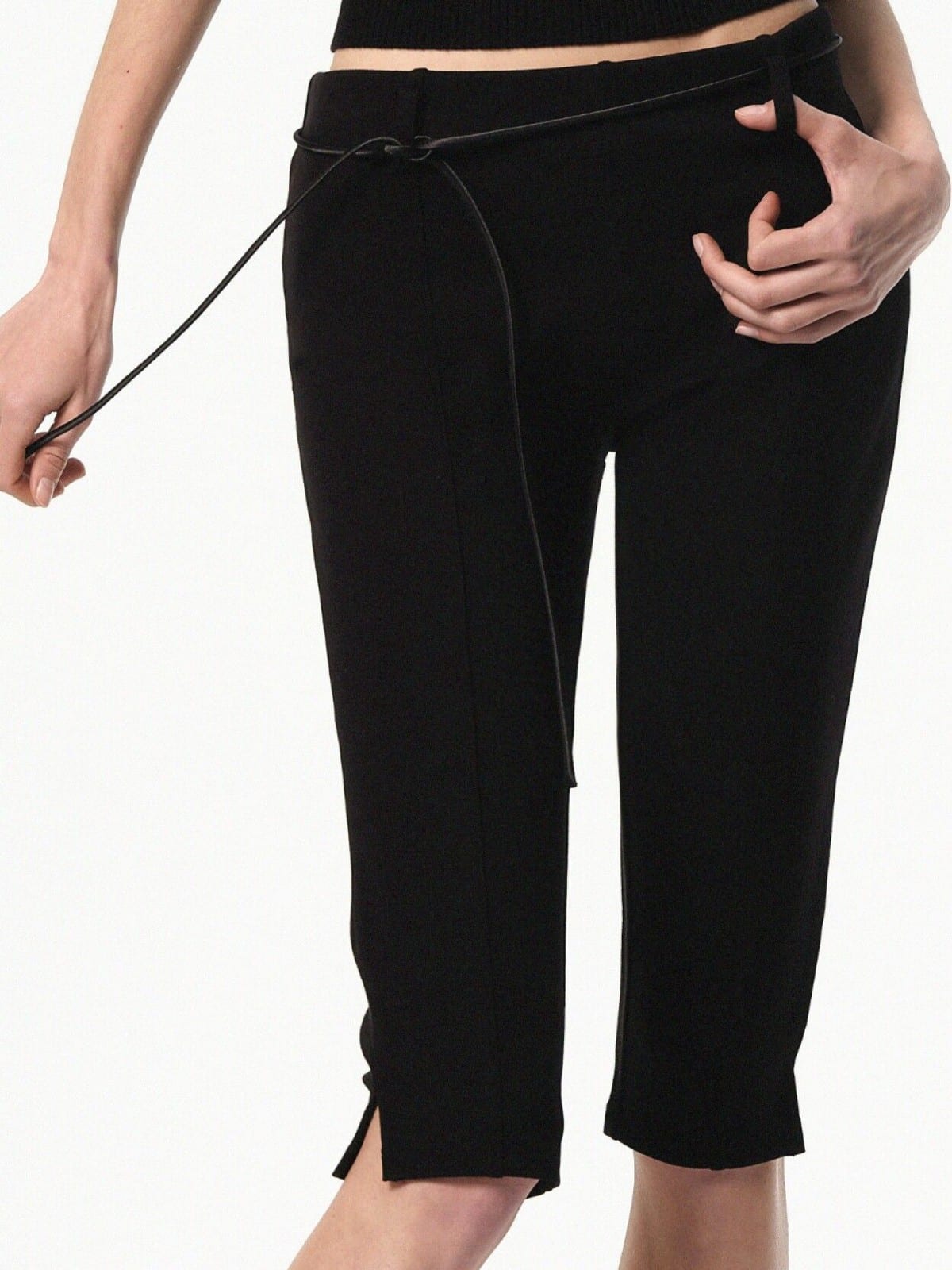 RARELY ALIKE Viscose Blend Belted Cropped Pants in Black - On Female Model