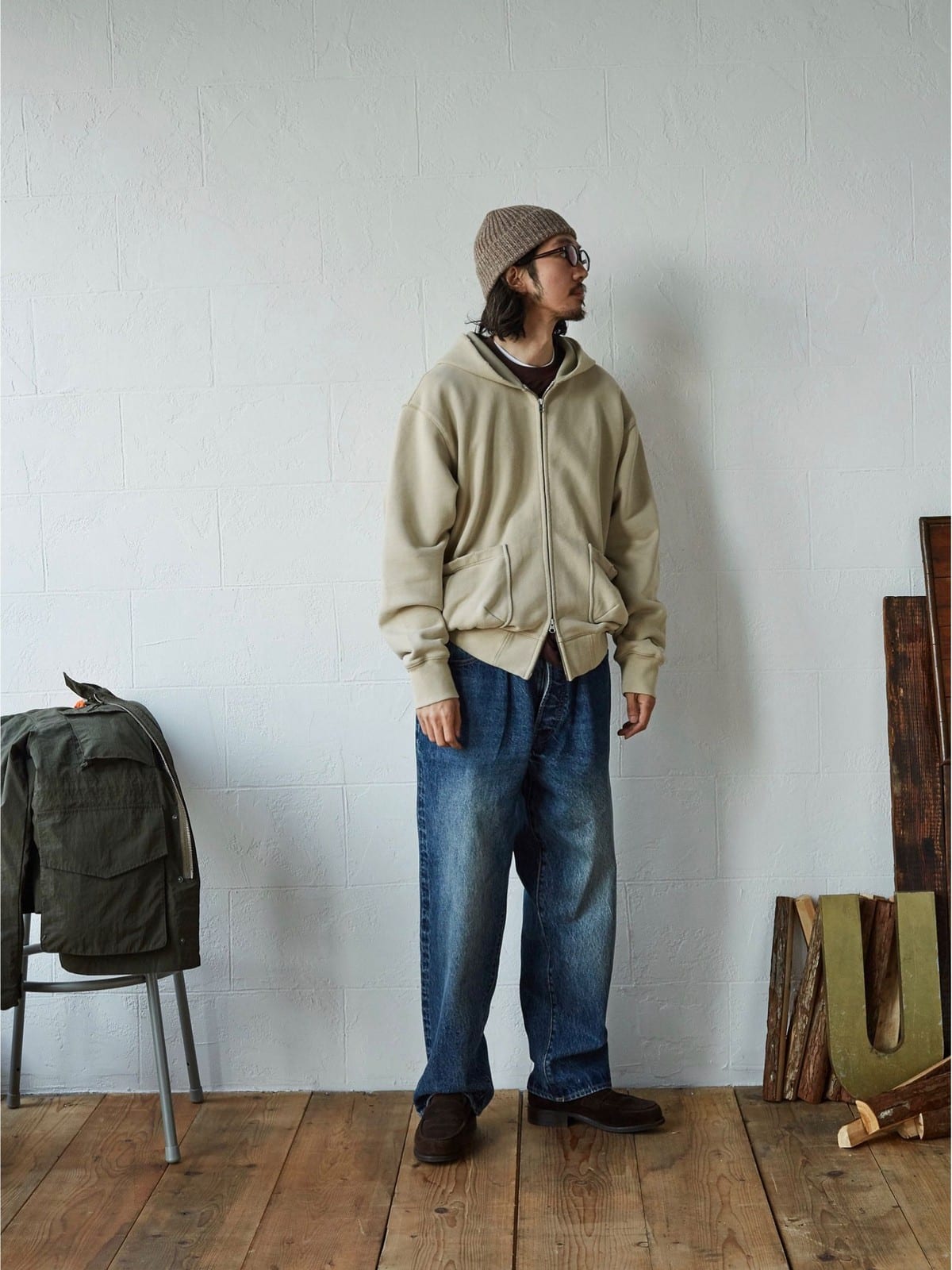 USAGE Hand Distressed Washed Zip Hoodie in Beige - On Male Model