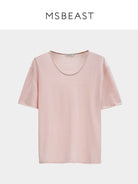 MSBEAST Rolled Edge Silk Cotton U Neck T Shirt in Pink