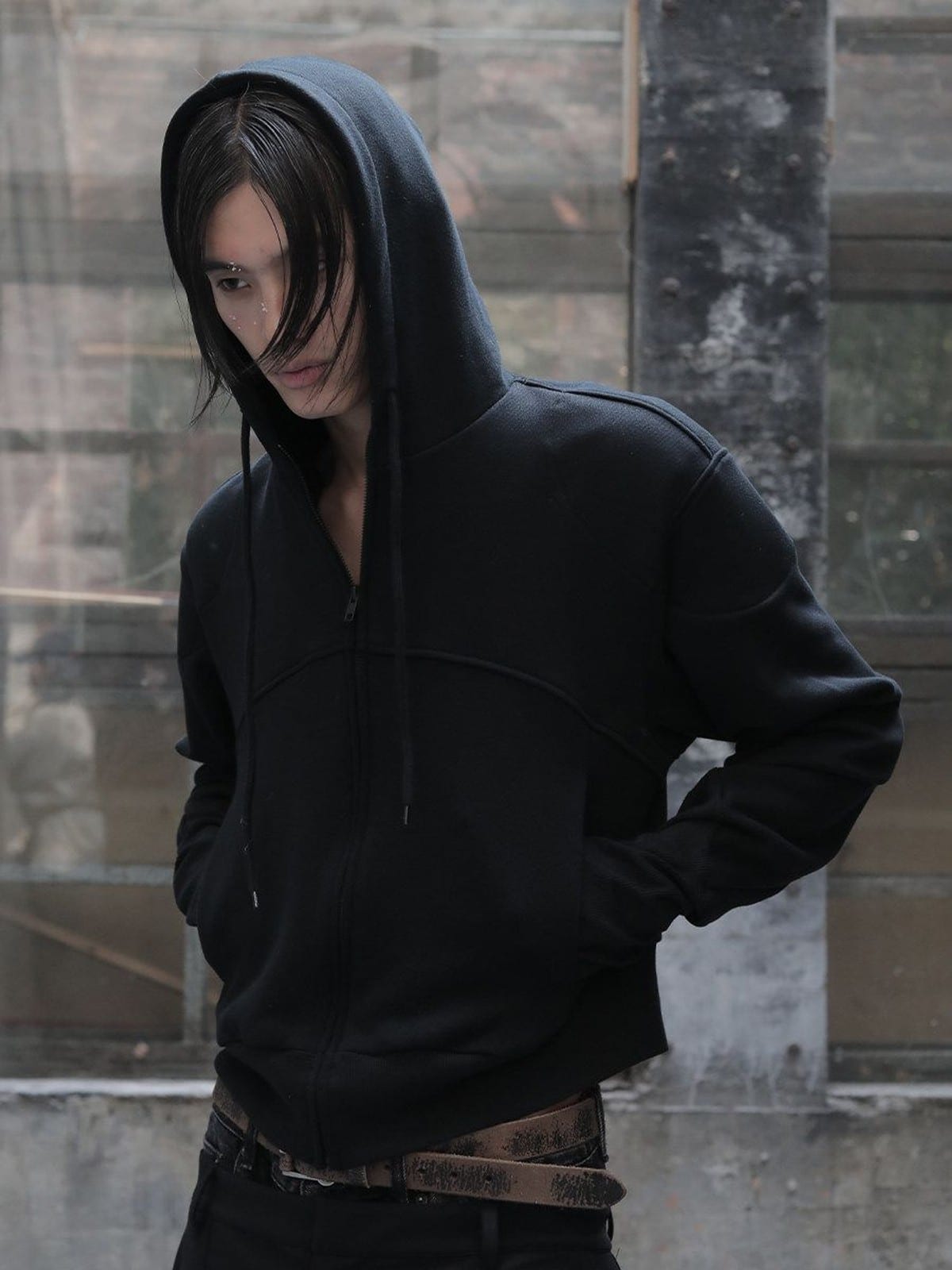 JCAESAR STUDIO Paneled Zip Up Glove Hoodie in Black - On Male Model