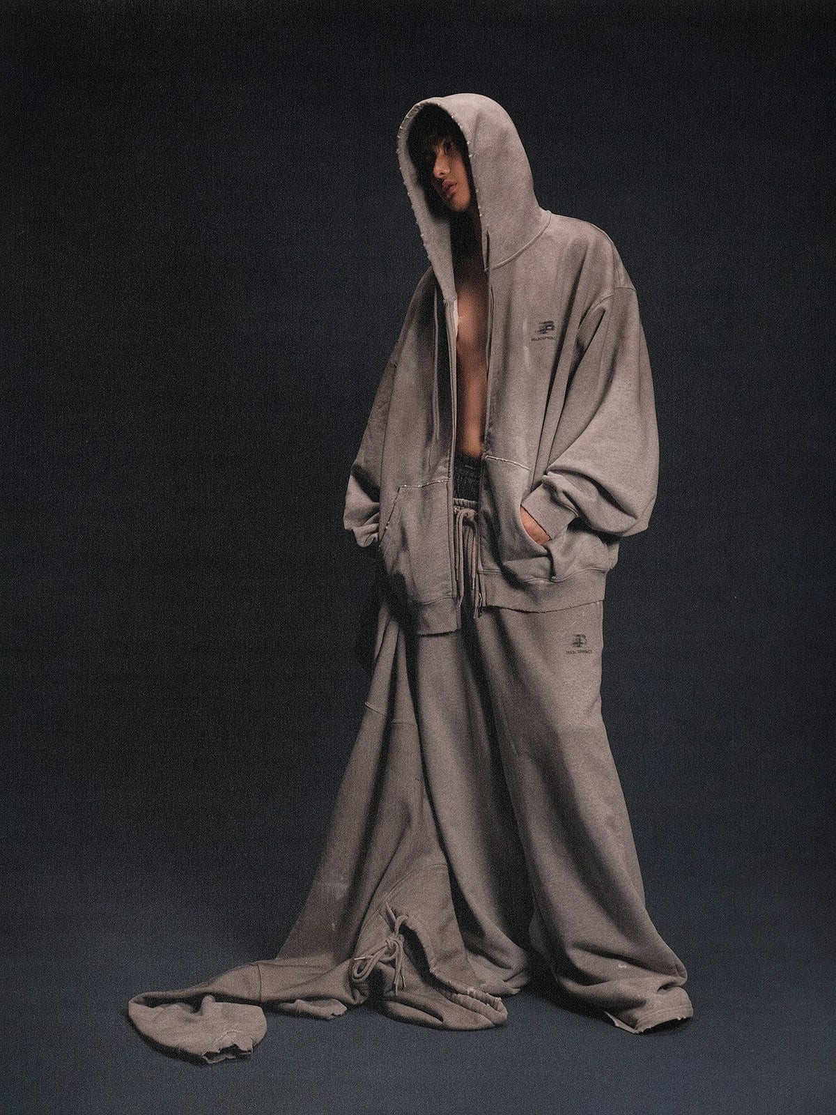MASONPRINCE Distressed Painted Zip Up Hoodie in Gray - On Male Model