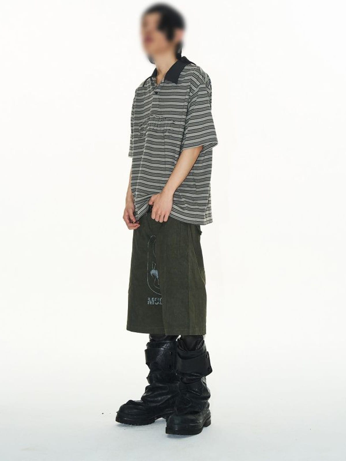 BLINDNOPLAN Striped Raw Edge Appliqu Polo in Gray - On Male Model