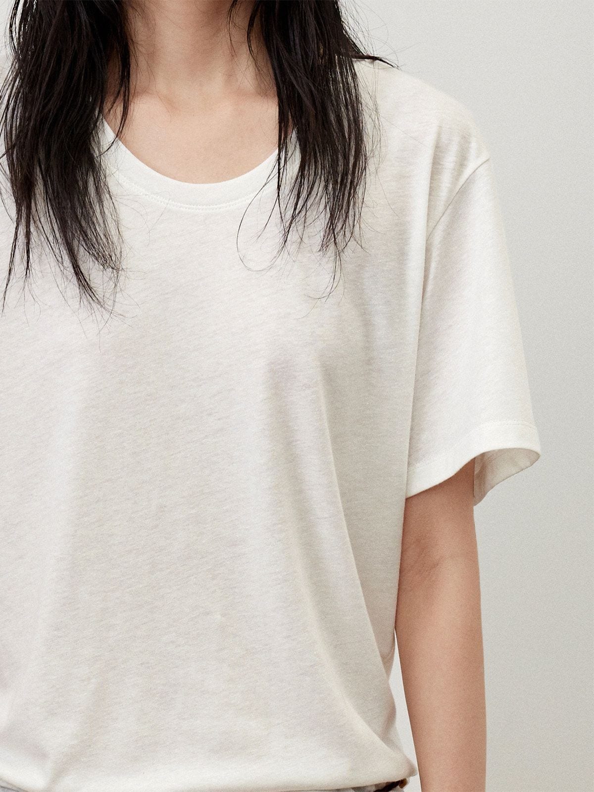 Random Piece Linen Blend U Neck T Shirt in Brown - On Female Model